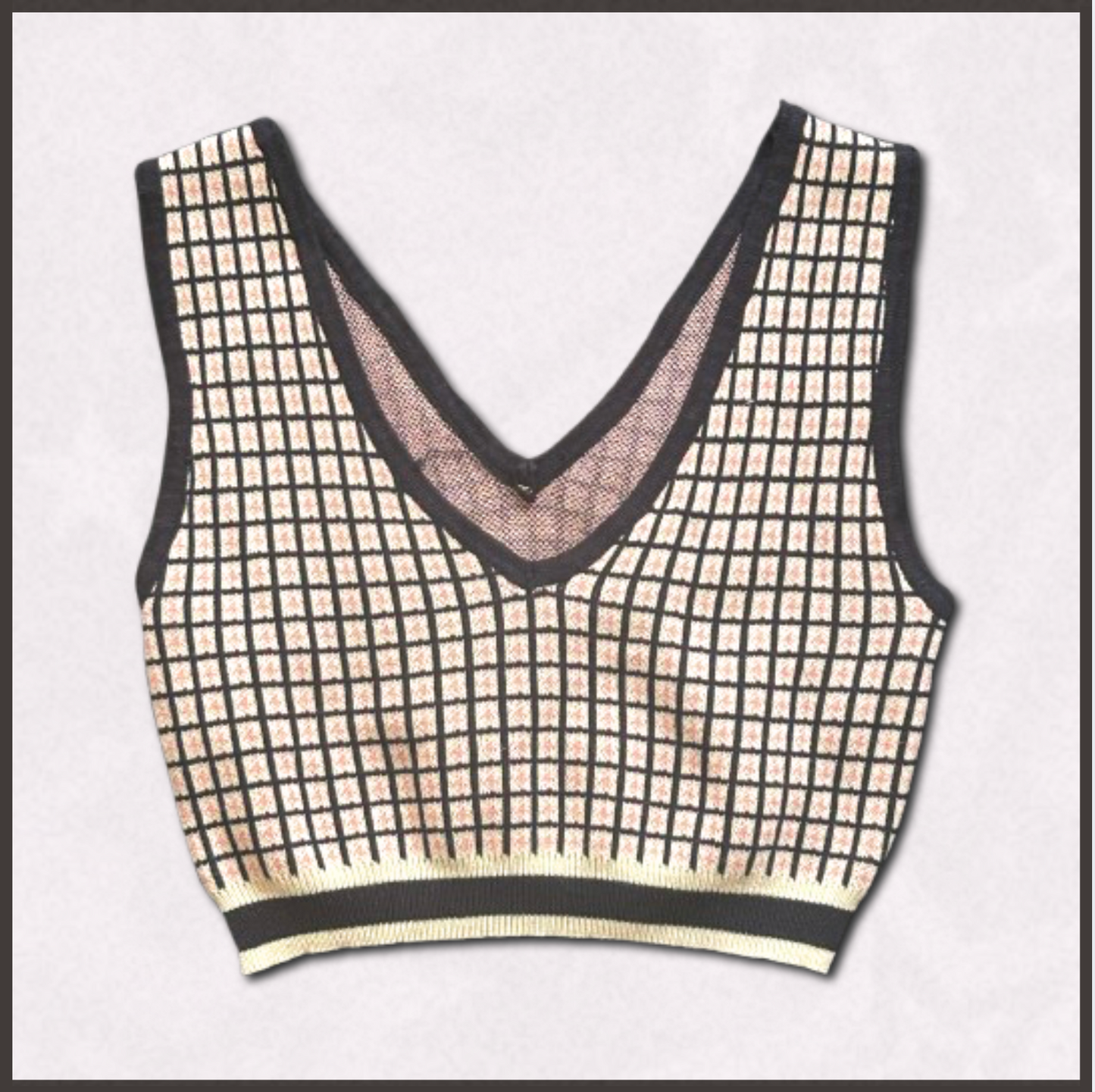 pink/white/black patterned v-neck crop top