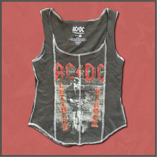 gray + red/white "ACDC" top