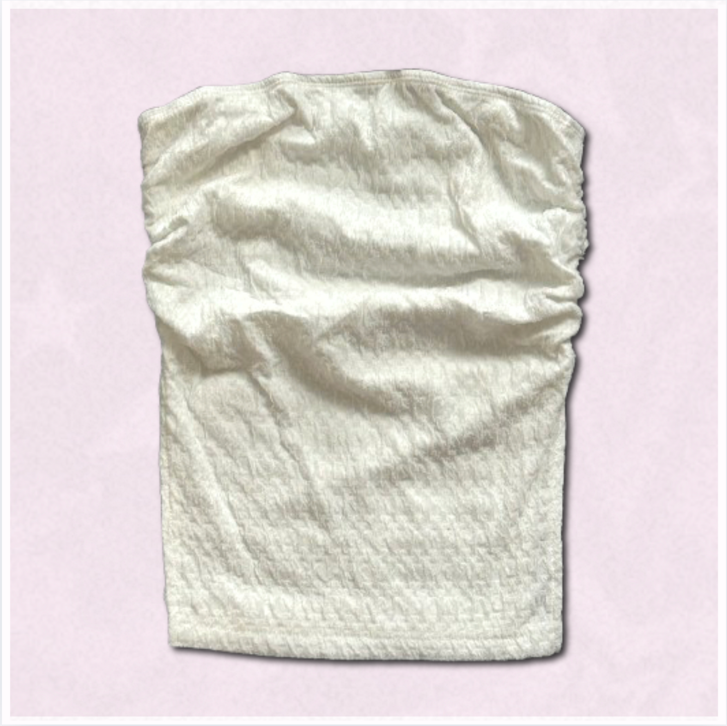 white scrunched tube top with slits on sides