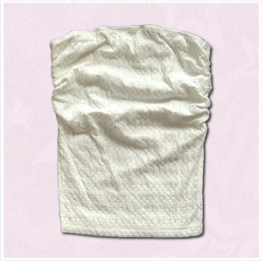 white scrunched tube top with slits on sides