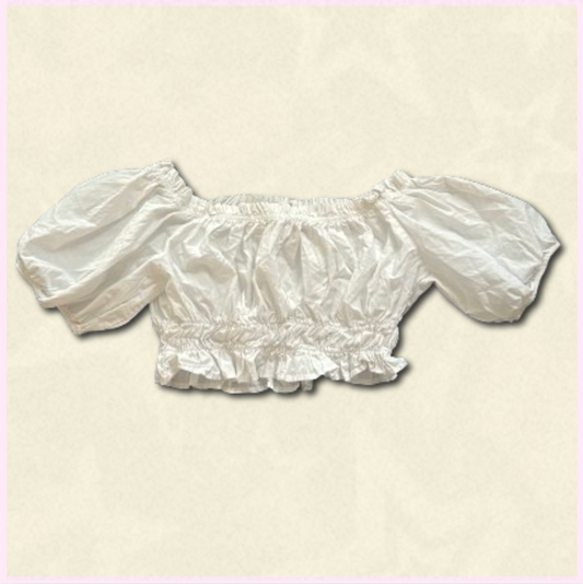 white scrunched off-shoulder cropped top