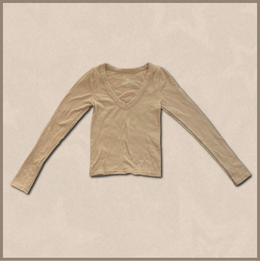 darker beige long-sleeve v-neck top