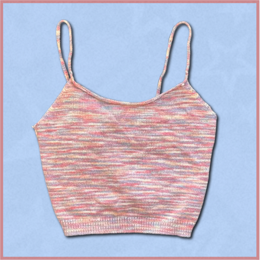 red/blue/yellow tank top with knitted design