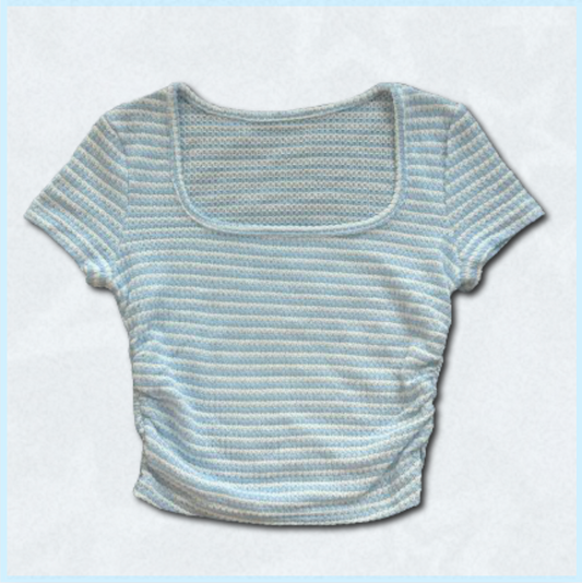 blue + white striped knitted top with scrunched side design