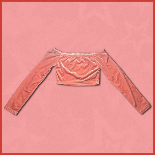 pinkish orange velvet off-shoulder long-sleeve cropped top