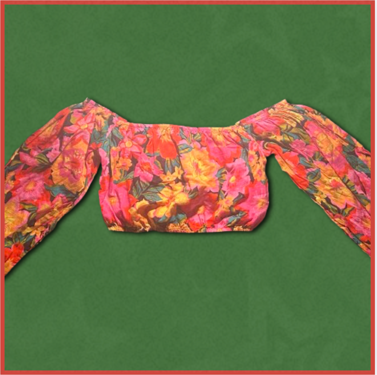 multicolored floral off-shoulder long-sleeve cropped top