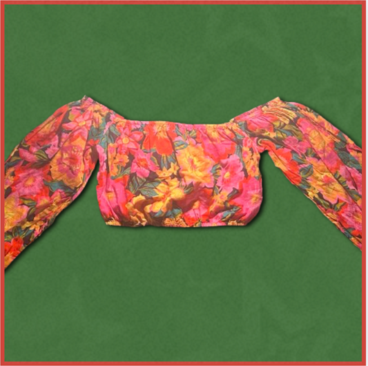 multicolored floral off-shoulder long-sleeve cropped top