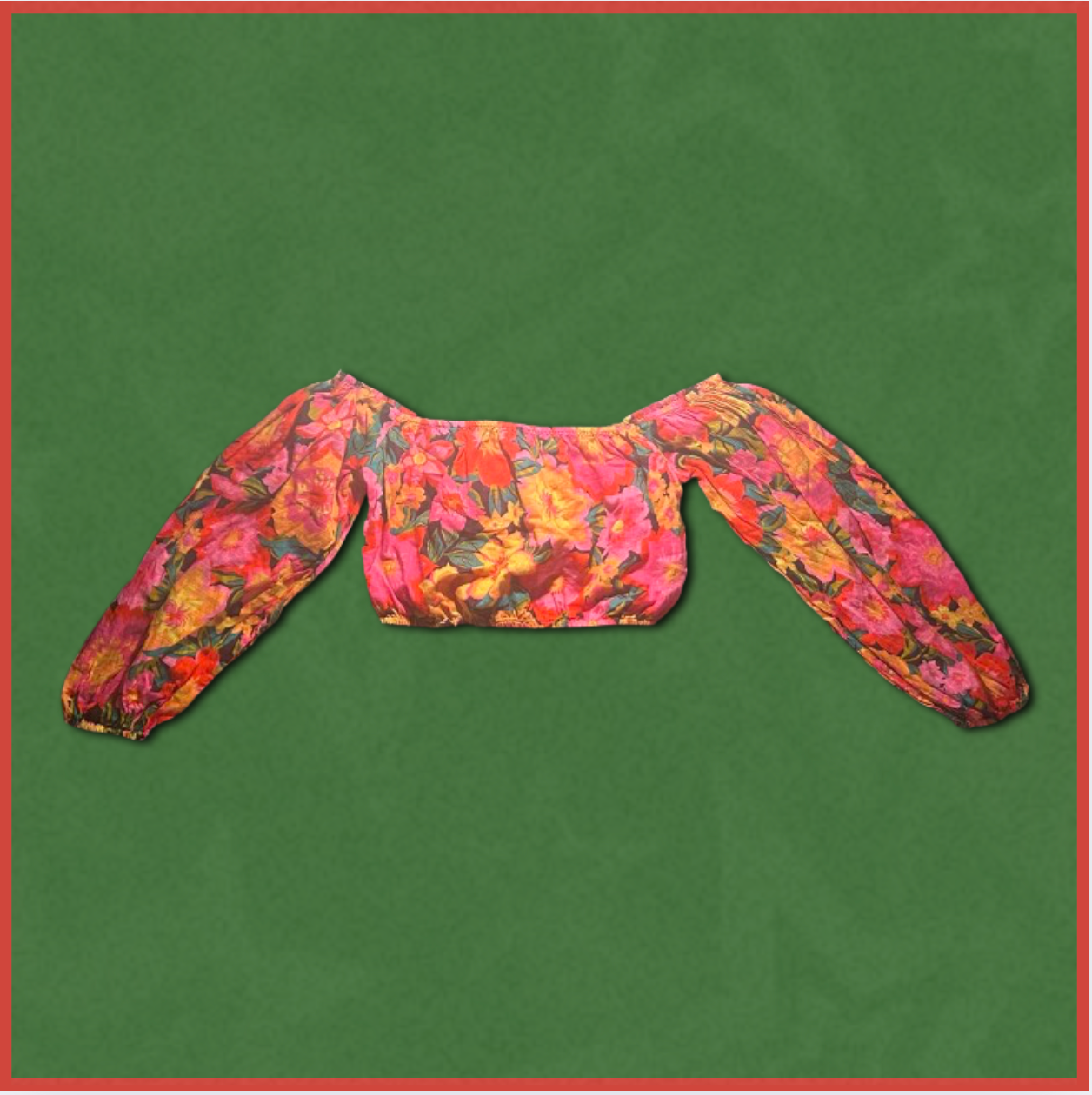 multicolored floral off-shoulder long-sleeve cropped top