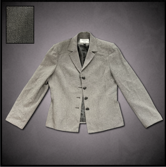 black/white dotted blazer with triangular button design