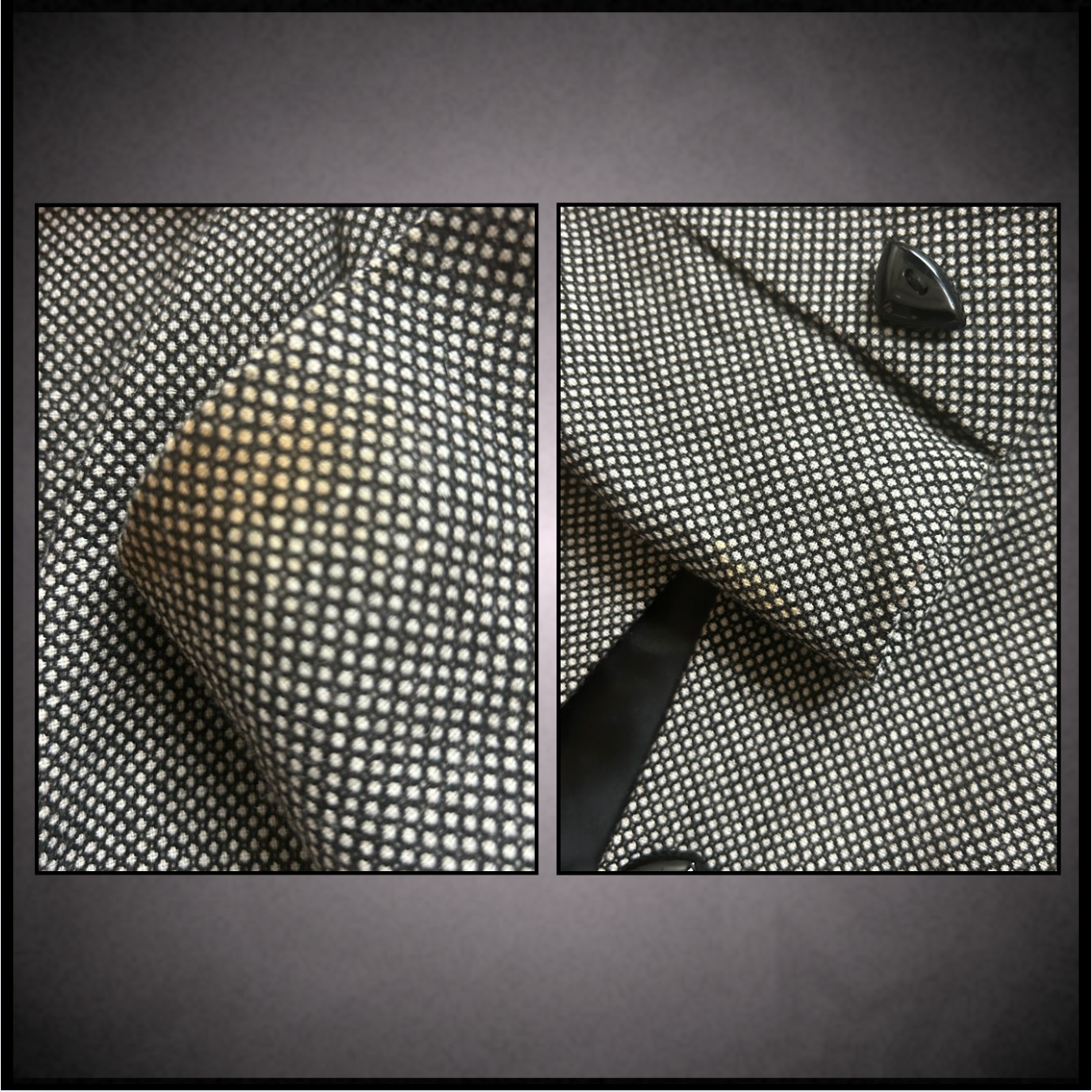 black/white dotted blazer with triangular button design