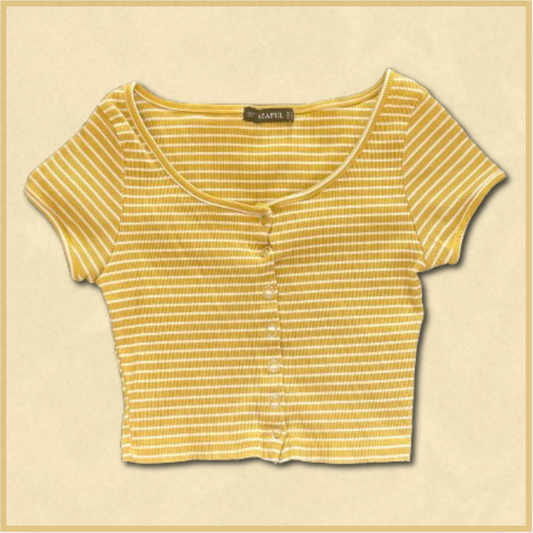yellow + white striped button-up cropped top