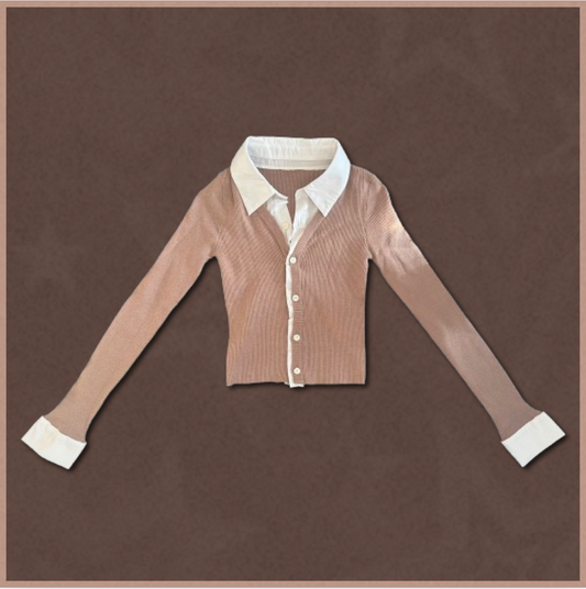 lighter brown + white collared top