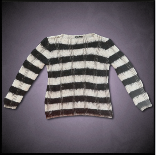 black/off-white + brown striped fuzzy sweater