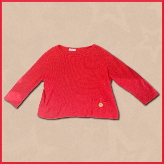 red knitted sweater with button/pocket design