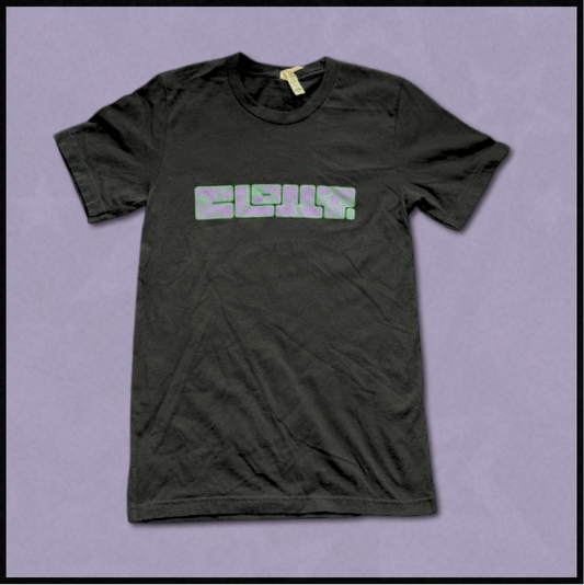 black + purple/green "CLOUT." tee