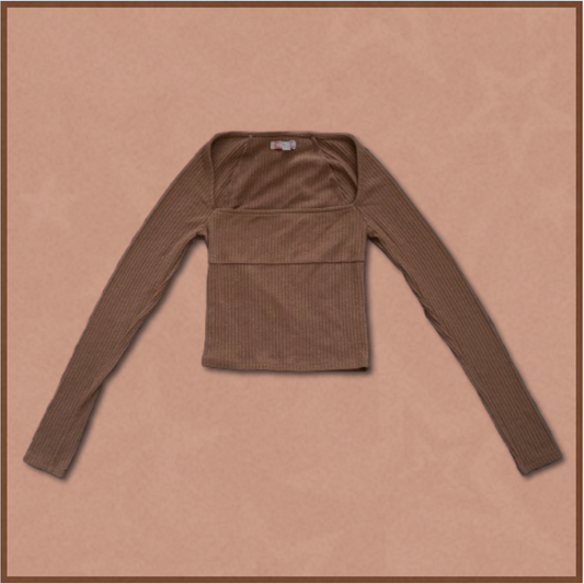 brown square-neck long-sleeve top