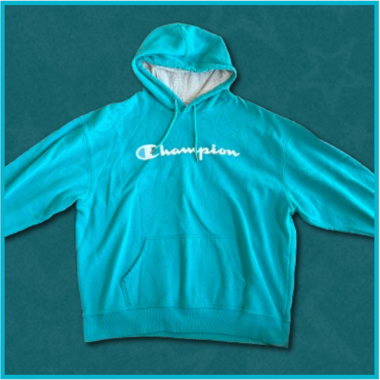 greenish-blue + white "champion" hoodie