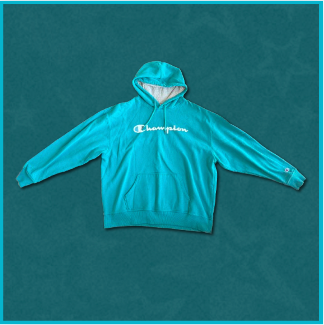 greenish-blue + white "champion" hoodie