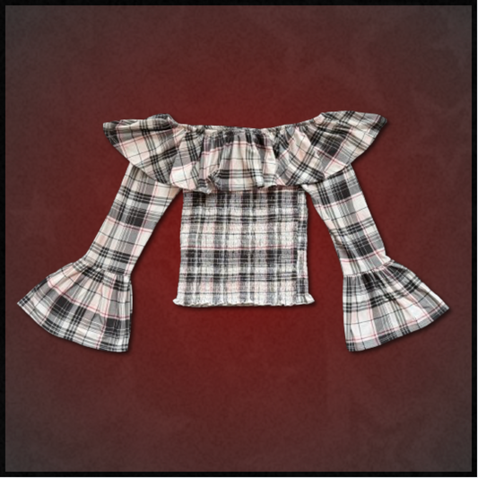 white + black/red top with off-shoulder and bell sleeve design