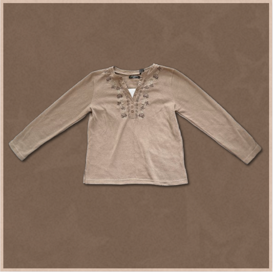 brown long-sleeve top with floral embroidery