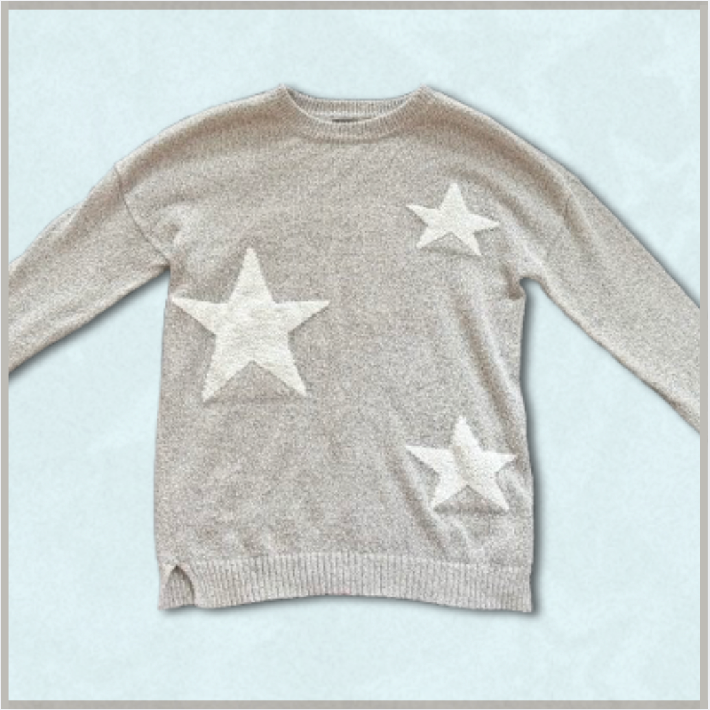 gray + white crewneck sweater with star design