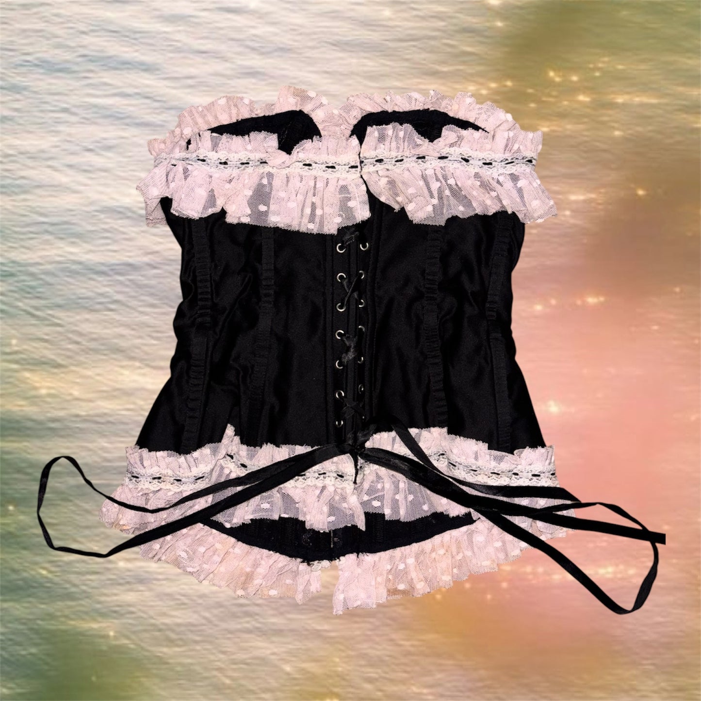 2000s Victoria Secret Black Corset with Pink Lace Trim