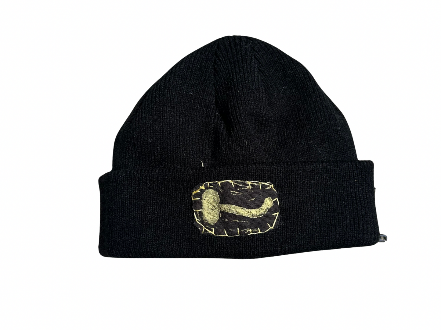 black beanie with gold mushroom patch