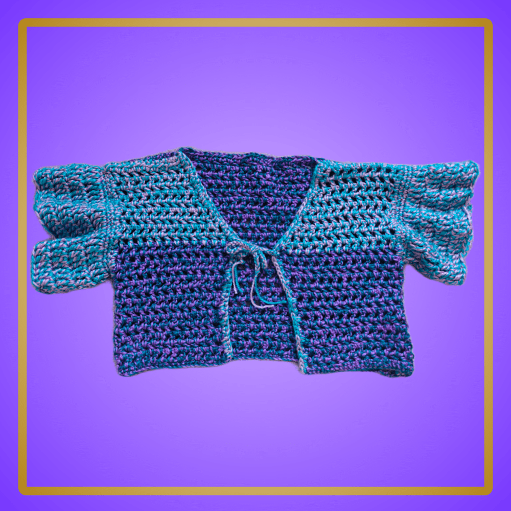 blue/purple/pink cropped short sleeve cardigan w/ front tie