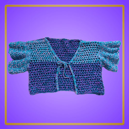 blue/purple/pink cropped short sleeve cardigan w/ front tie
