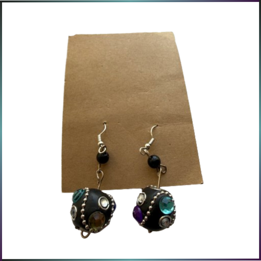 black purple blue and silver clay bead dangly earrings