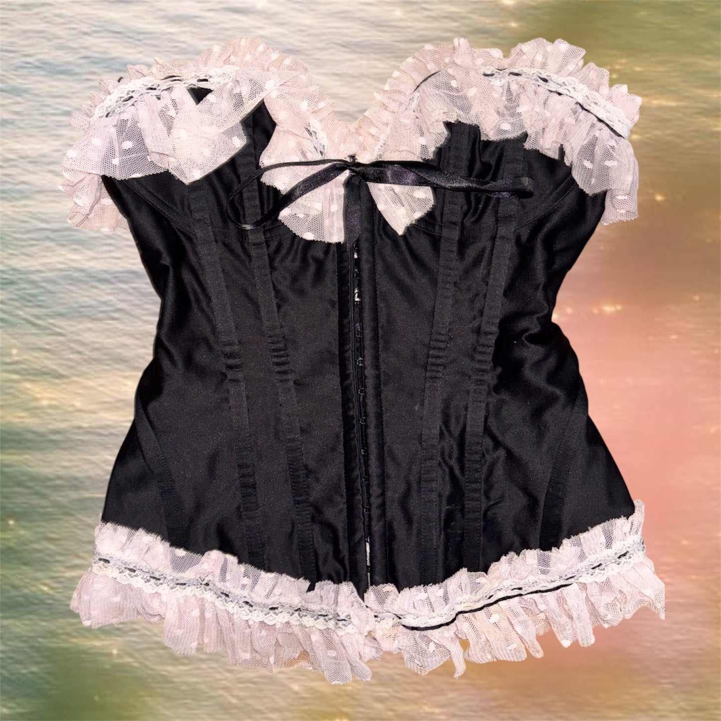 2000s Victoria Secret Black Corset with Pink Lace Trim