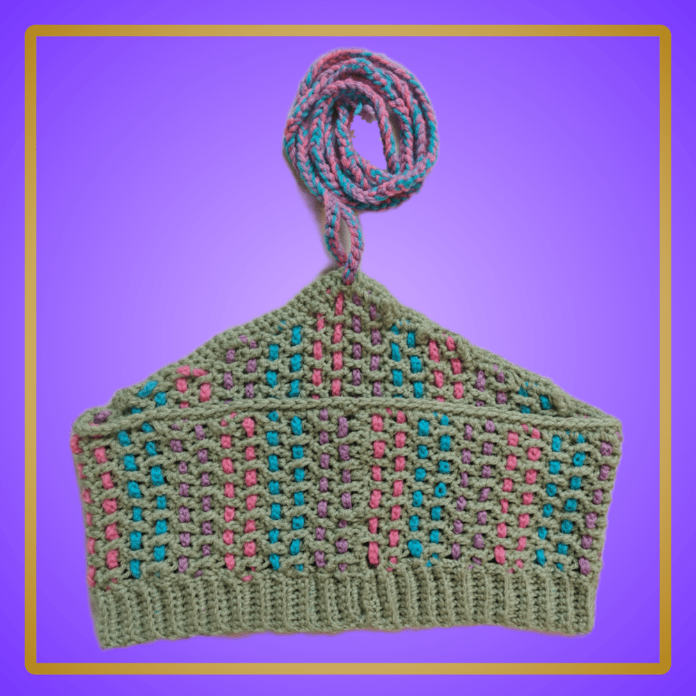 green halter top with neck tie and pink/purple/blue woven detail