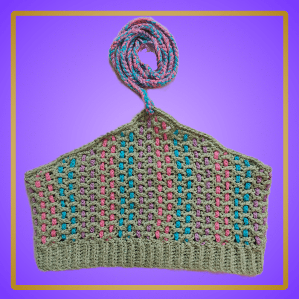 green halter top with neck tie and pink/purple/blue woven detail
