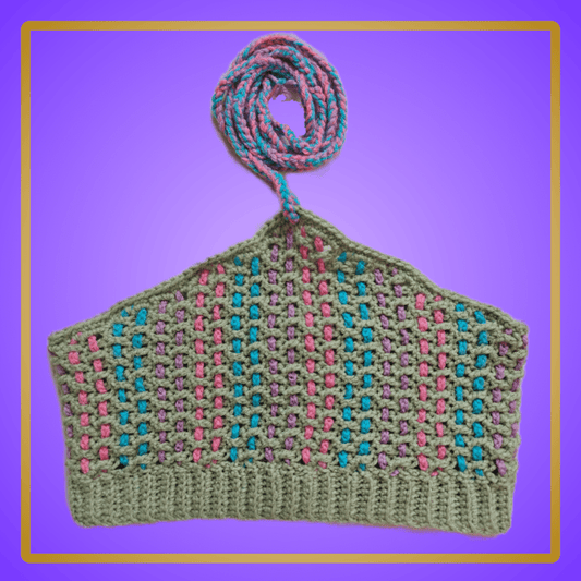 green halter top with neck tie and pink/purple/blue woven detail