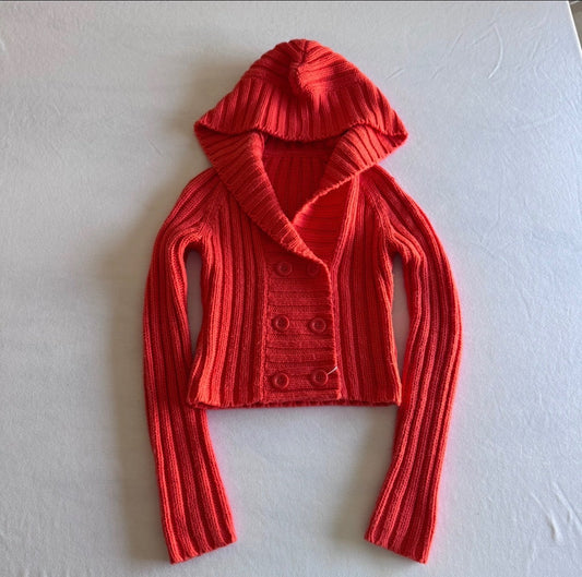 Orange Double Button Knit Hoodie Sweater