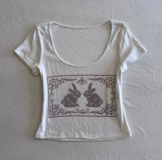 Twin Bunnies Cross Stitch Print White Top