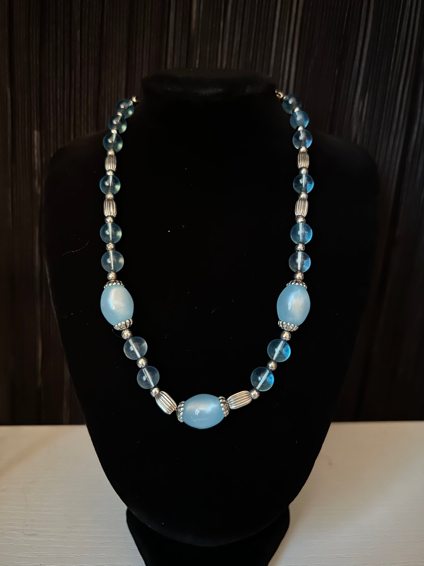 Blue Coastal Vintage Clip-on Earrings & Glass Beaded Necklace/Choker Set