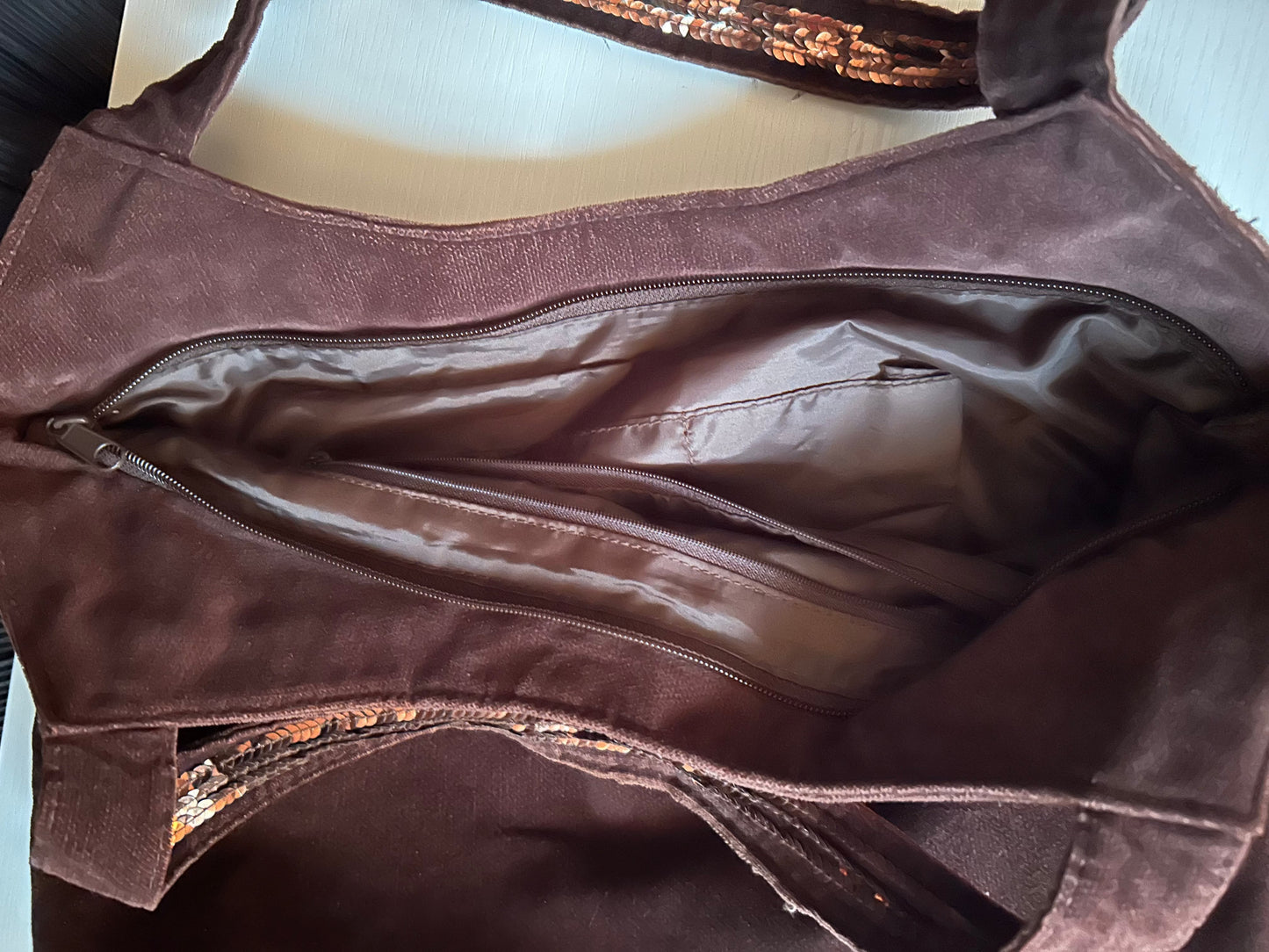 2000s Y2K Brown & Gold Sequin Lined Corduroy Bag