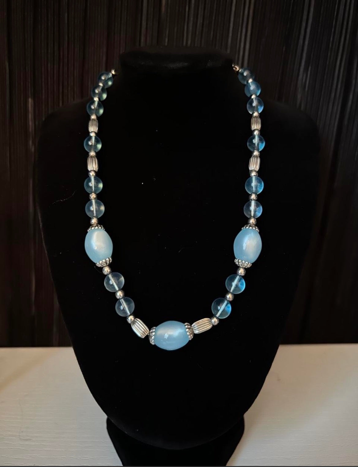 Blue Glass & Silver Vintage Whimsical Necklace