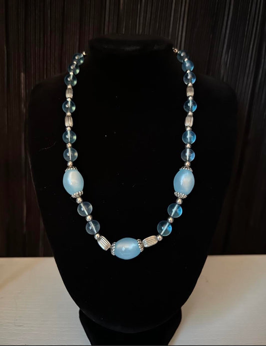 Blue Glass & Silver Vintage Whimsical Necklace