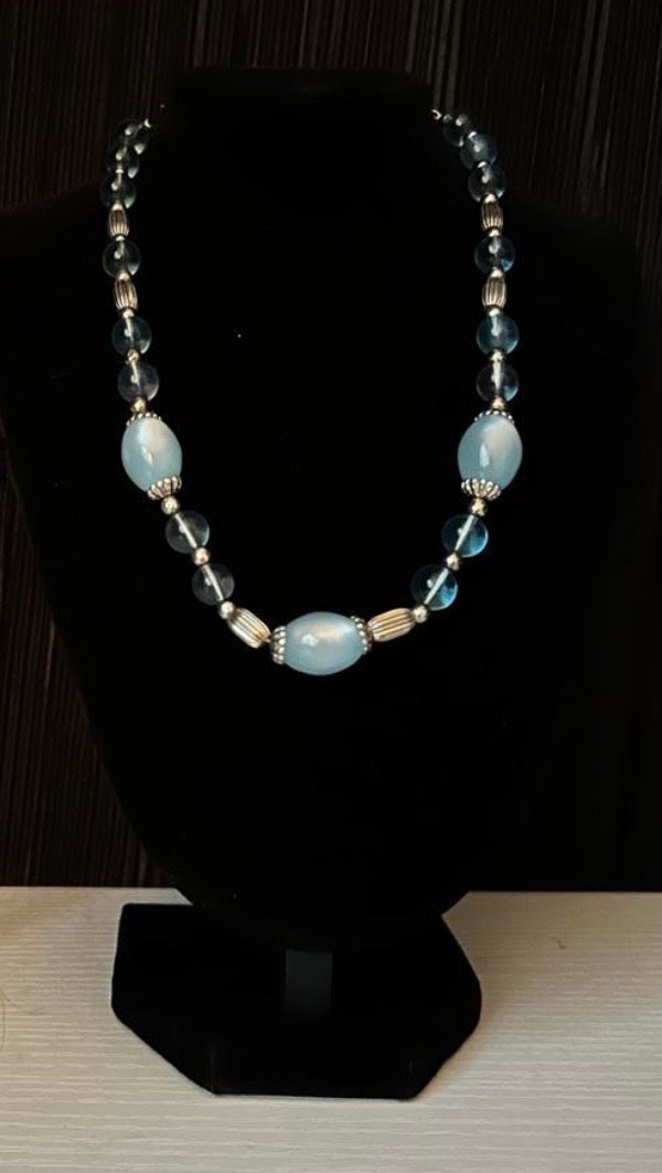 Blue Glass & Silver Vintage Whimsical Necklace