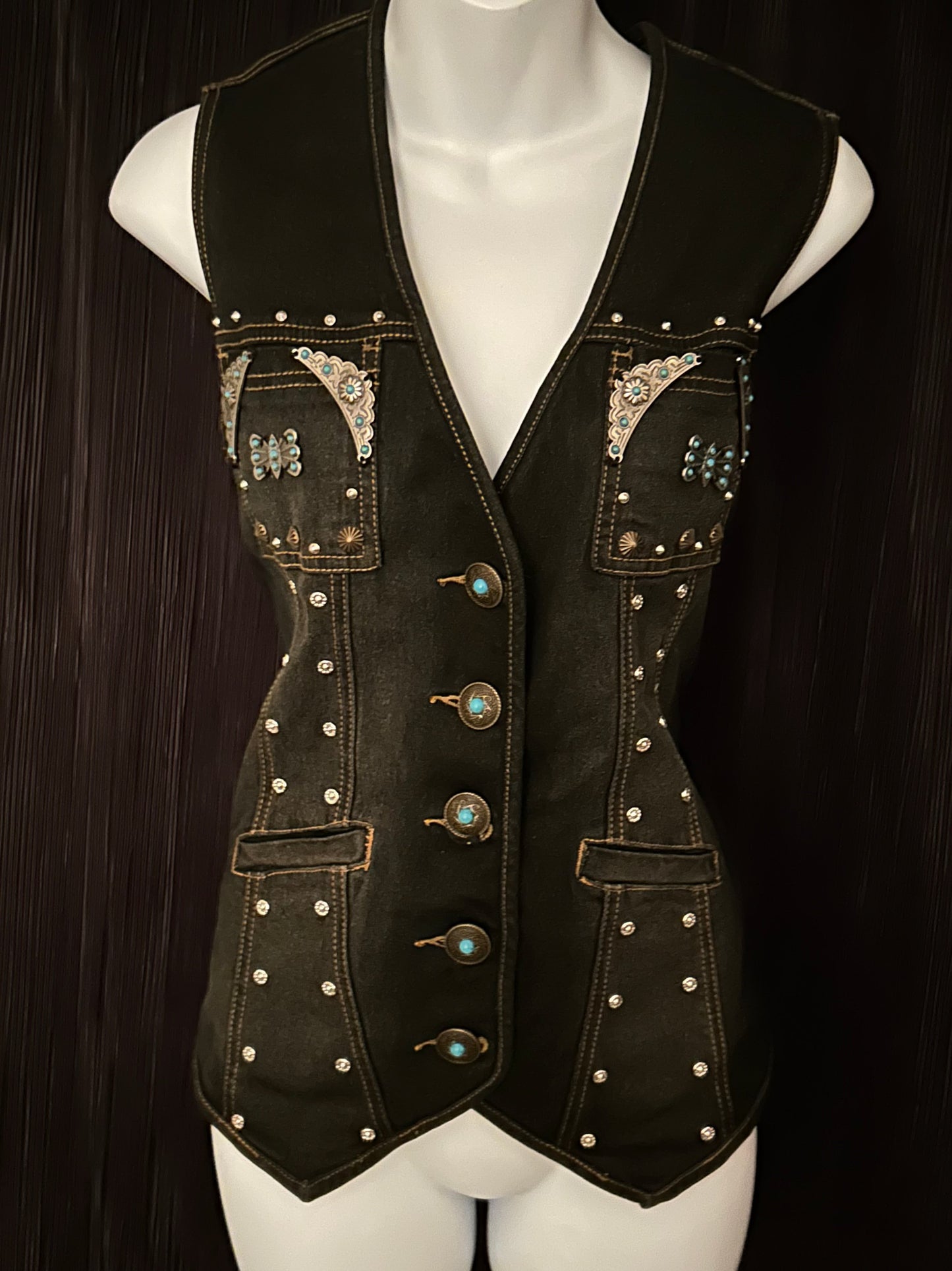 Black Denim Studded 2000s / Y2K Diane Gilman Vest -  Size M