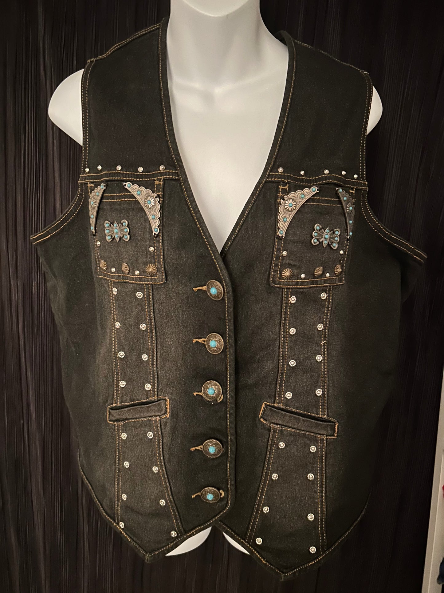 Black Denim Studded 2000s / Y2K Diane Gilman Vest -  Size M