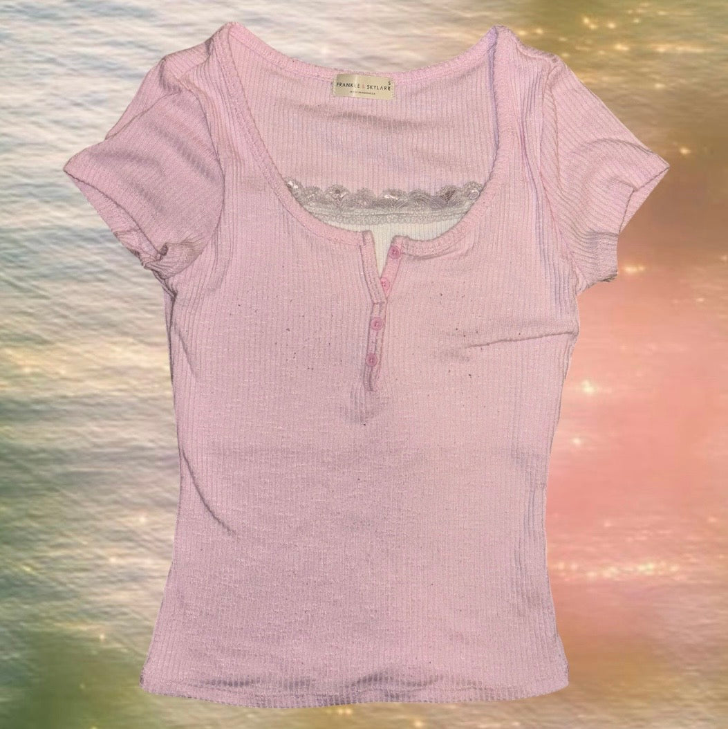 Pink Buttoned Top with White Lace Trim