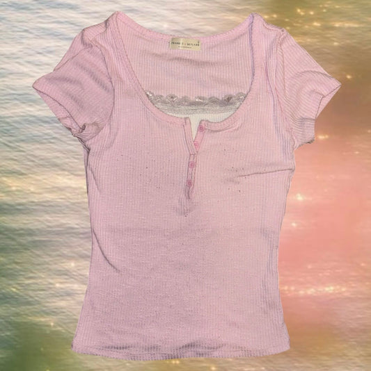 Pink Buttoned Top with White Lace Trim [S]