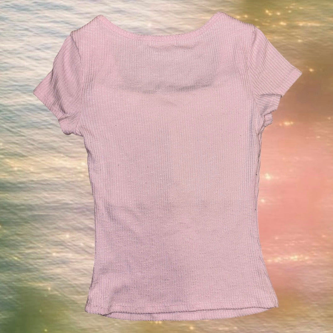 Pink Buttoned Top with White Lace Trim