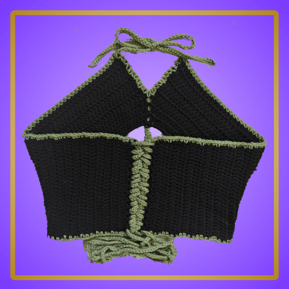 black leaf halter top with cut-out window and back corset tie