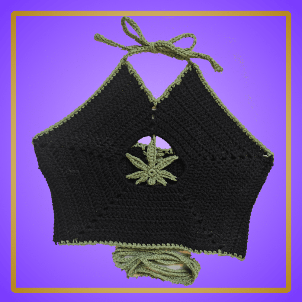 black leaf halter top with cut-out window and back corset tie