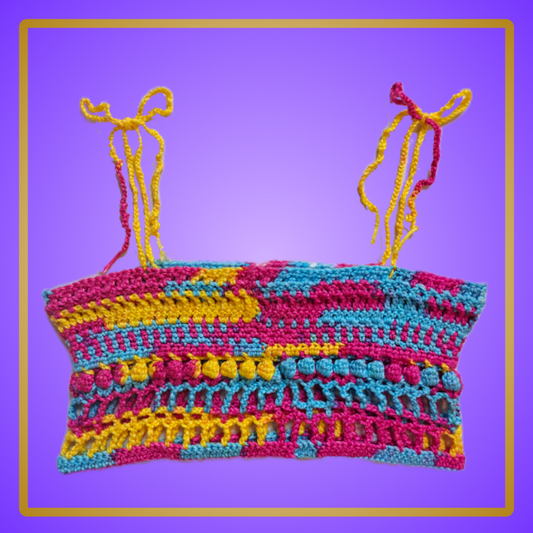 pink/blue/yellow crop top with adjustable tie straps