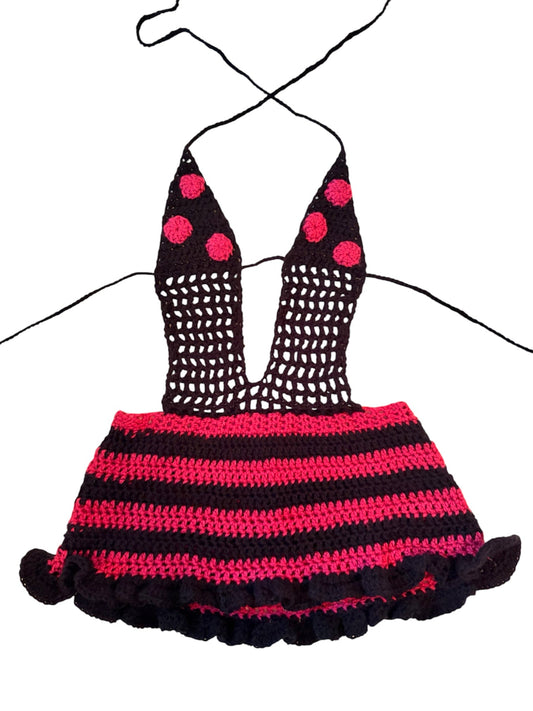 Black/Burgundy Stripes and Dots Minidress